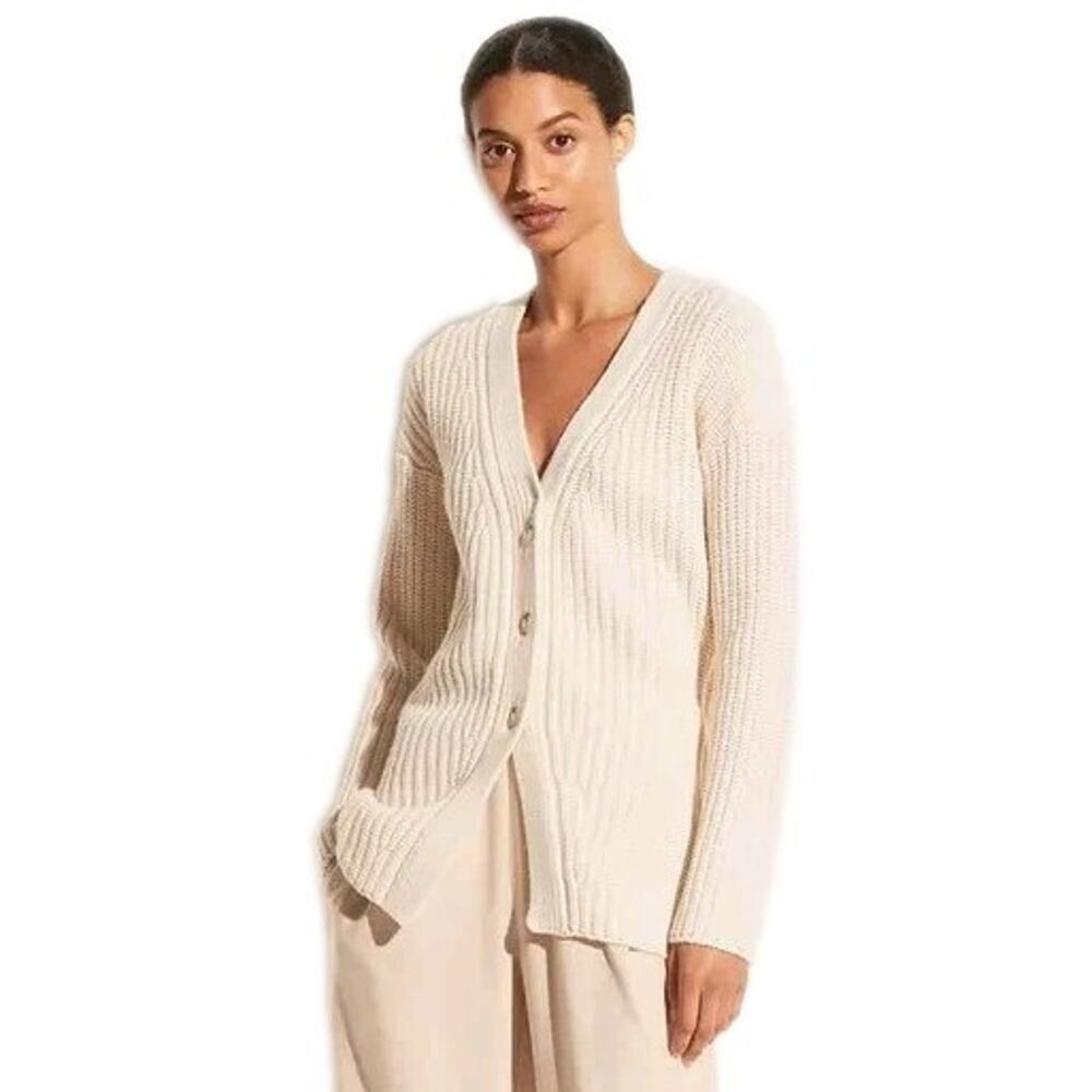 VINCE Fitted Ribbed Cardigan in Winter White Wool Yak Long Sleeve Women's XS